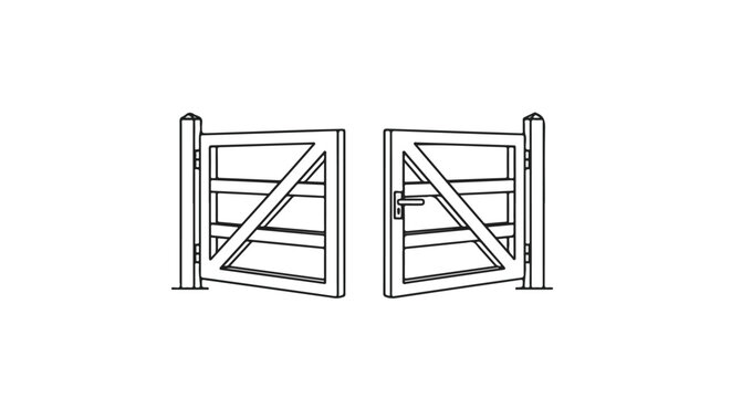 Stylized illustration of an open wooden gate with a simple, line-art aesthetic, presenting symmetry and rustic charm ideal for graphic design projects