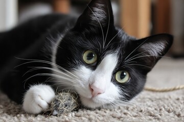 Cat Catnip. Cute Tuxedo Cat Playing with Catnip Mouse and Looking Adorably