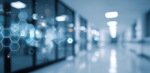 Abstract medical technology overlaying a blurred hospital hallway