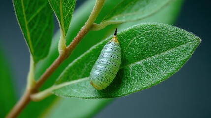 Caterpillar Egg. The Beginning of a Monarch Butterfly's Development on a Green Milkweed Leaf