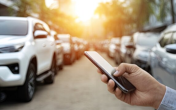 Hand holding phone in parking lot. Sunlight filters through cars - Powered by Adobe