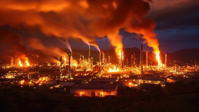 factory after the explosions. Fire after an explosion at night. Black smoke from the fire. Natural disaster. Release of chemicals into the atmosphere. Ecology, environmental pollution.