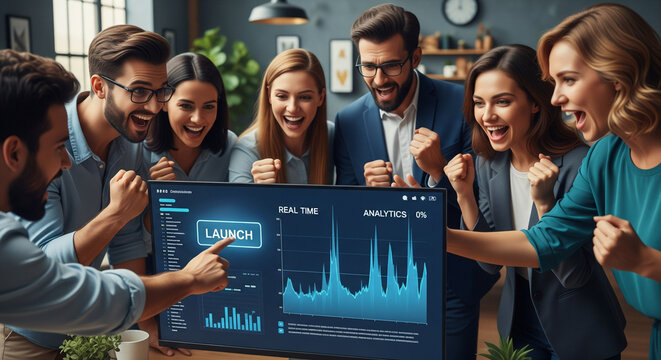 Business team celebrates successful product launch