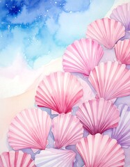 Delicate pink and purple seashells arranged artfully on a beach, rendered with watercolor artistry, showcasing a serene and dreamy coastal scene.