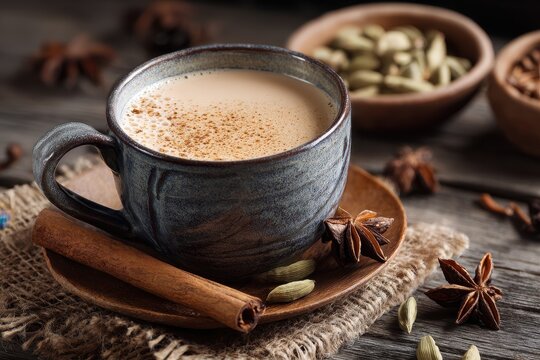 Chai Tea Latte. Warm Winter Spice Chai Tea in Ceramic Cup with Masala and Cinnamon