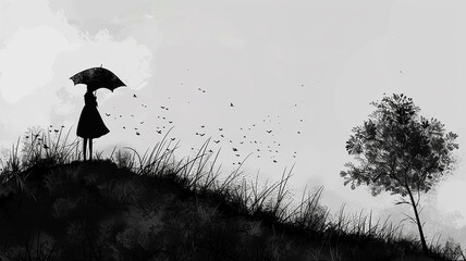 black and white graphics of a woman with an umbrella on a black hill in the autumn wind and rain, minimalism symbolism