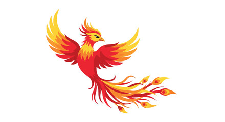 Obraz premium Stylized Phoenix Bird Illustration Depicting Rebirth and Transformation, in Vivid Red and Yellow Hues Against a Clean White Canvas