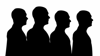 Four silhouetted heads in profile displayed against a white background in a minimalist composition style