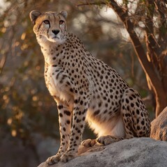 Fototapeta premium Cheetah On Rock. Majestic African Wildlife Resting on Stone in Safari