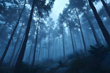 Eerie blue fog in dense forest.