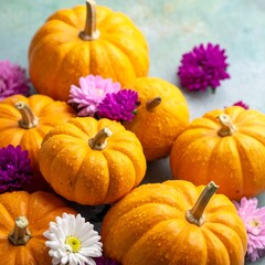 A collection of small pumpkins and colorful flowers, creating a festive and autumnal display.