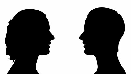 Silhouettes of two people facing each other in black against a white background side profile view art
