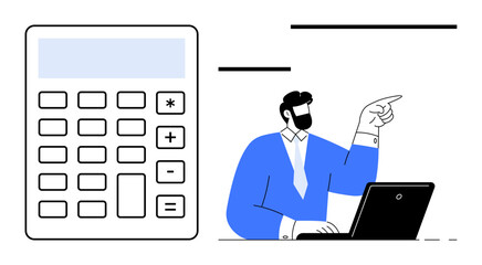 Calculator and businessman using laptop, pointing to analyze data or financial trends. Ideal for finance, accounting, budgeting, business strategy, decision-making, productivity, simple flat metaphor