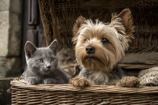 Chien Chat: Yorkshire Dog and Grey Cat Together in Basket, Resting