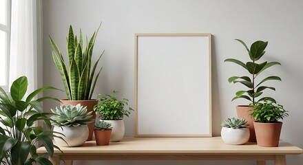 Blank Vertical Wooden Frame with Green Potted Plants