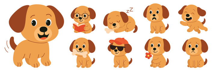 Cute Cartoon Puppy Emotions Isolated on White Background