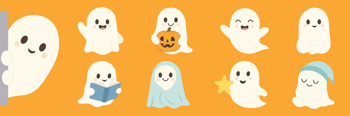 Cute Halloween Ghost Characters Isolated on White Background