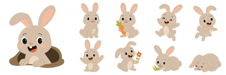 Cute Cartoon Rabbits Collection Isolated on White Background