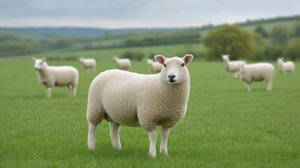 Sheep grazing in a lush green field under a cloudy sky, with more sheep in the background.