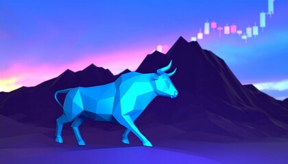 Low-poly bull silhouette against a stylized mountain range and sunset, overlaid with a candlestick chart