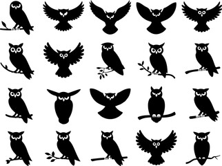 Naklejka premium Owl Silhouette Icon Collection Vector Bundle