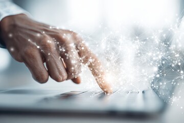Close-up of hand typing on laptop with digital network overlay