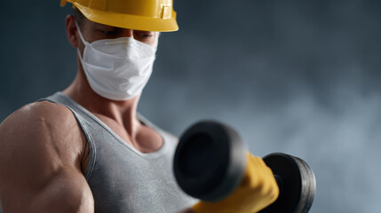 Muscular worker wearing protective mask and yellow helmet lifting dumbbell with gloves, focused on strength training in industrial setting
