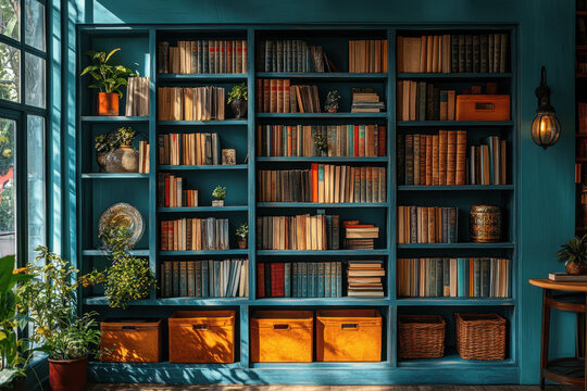 Blue bookcase filled with books and plants.