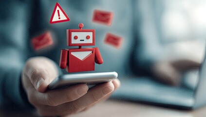 Red robot figure on phone, alert symbols, email