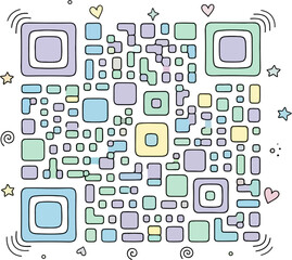 Fototapeta premium Pastel-colored QR code decorated with hearts and stars AI/EPS/PNG/JPEG