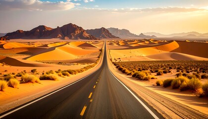 A vast, straight road stretches through a desert landscape, dotted with golden sand dunes and rugged red rock formations, bathed in the warm light of a golden sunset