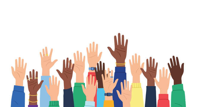 Diverse voices raised in unison, symbolizing unity, participation, and collaborative engagement across different cultures and identities