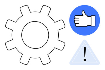 Large gear representing settings or processes, thumbs-up signifying approval, and warning triangle for alert. Ideal for workflow, optimization, feedback, alerts, tech, mechanics simple landing page