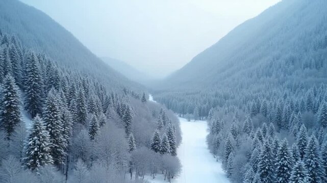 Winter in the mountains. Aerial view of the snow-covered coniferous forest on the slopes of the mountains and the river in the valley