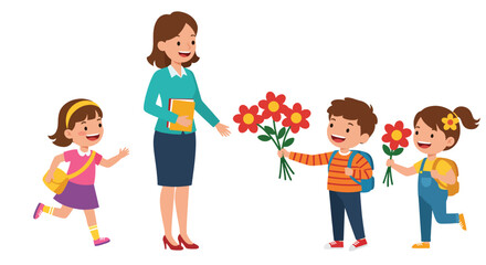 Teacher receiving flowers from happy students on first day of school.