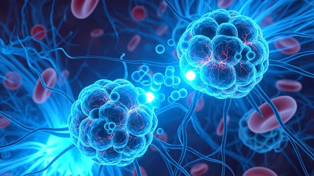 Targeted Cancer Cell Therapy - Microscopic abstract representation of chemotherapy drugs targeting cancer cells, glowing blue tones.