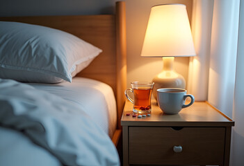 A cup of hot tea and some pills on the nightstand next to the bed. Health concept.