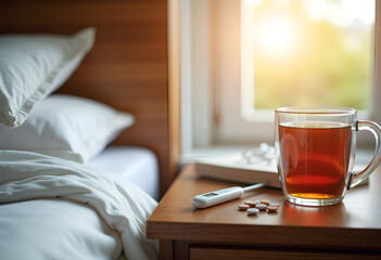 On the nightstand a cup of hot tea, a thermometer, and some pills. Warm light from the window. Health concept.