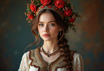 A beautiful girl in a kokoshnik decorated with roses.