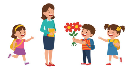 Teacher Receiving Flowers from Students on First Day.