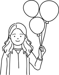 A delightful line art showcases a cheerful girl holding a bunch of balloons, radiating happiness and youthful innocence