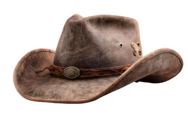 Worn leather cowboy hat, brown, side view