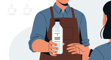 Server Offering Bottled Water To A Client And Two Steam Cups In Background, Clean Design