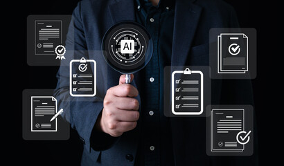 AI document verification concept with businessman holding magnifying glass over checklist and certified documents, symbolizing smart automation, digital approval, compliance, and data validation.