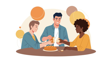 Sharing Bread Gathering of Diverse Friends with Simple Geometric Background