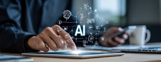 Close-up of person's hands interacting with a tablet displaying a graphic representation of AI concepts