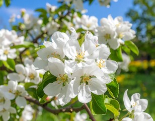 A beautiful cluster of white  blossoms, highlighted by the bright sunlight and soft-focus background, showcases the vibrant spring scene.