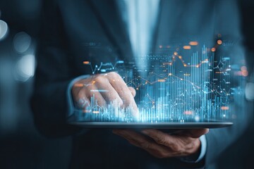 Businessman interacts with glowing financial data on tablet