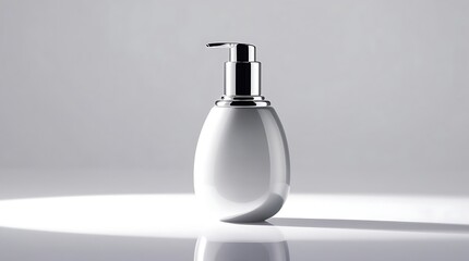 Obraz premium Minimalist cosmetic pump bottle with a silver accents and a rounded body, isolated in soft studio lighting against a pure white background, showcasing glossy reflections.