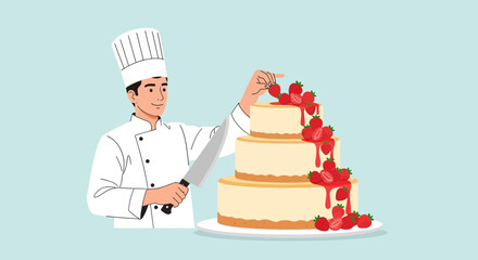 Skillful Chef Decorating Beautiful Layered Cake with Strawberries and Red Sauce